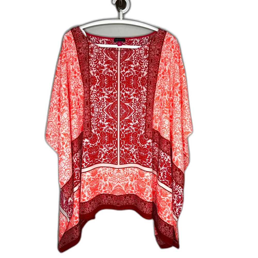 Vince Camuto Boho Kimono Blouse Pink Coral Print Flowing Poncho Top S